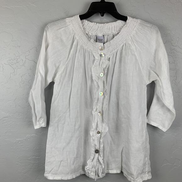 Match Point Linen Top Womens Small White Button Front Ruffle Blouse USA - Picture 1 of 6